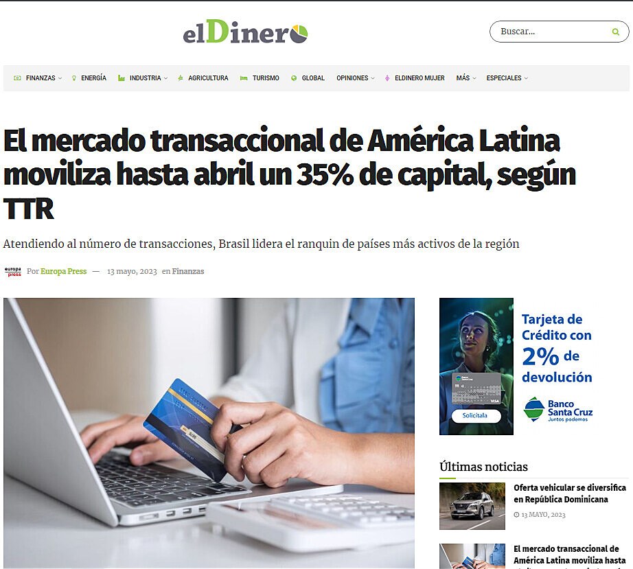El mercado transaccional de Amrica Latina moviliza hasta abril un 35% de capital, segn TTR